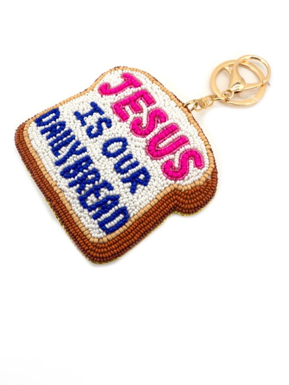 Beaded 'Jesus Is Our Daily Bread' Bag Charm Keychain - Pink, Blue, Brown
